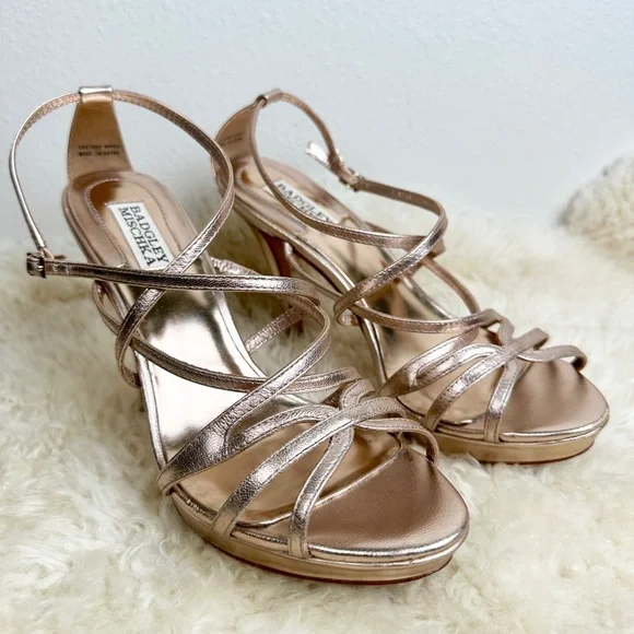 Badgley Mischka Gold Leather Metallic Strappy Stiletto Heels Sz 8.5 - Picture 3 of 10